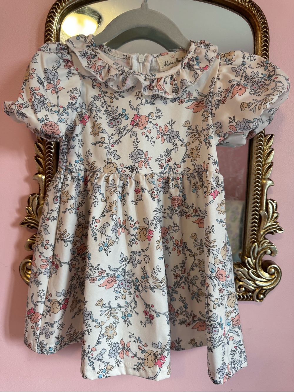 Cream Floral Ruffle-Neck Casual Dress for Girls